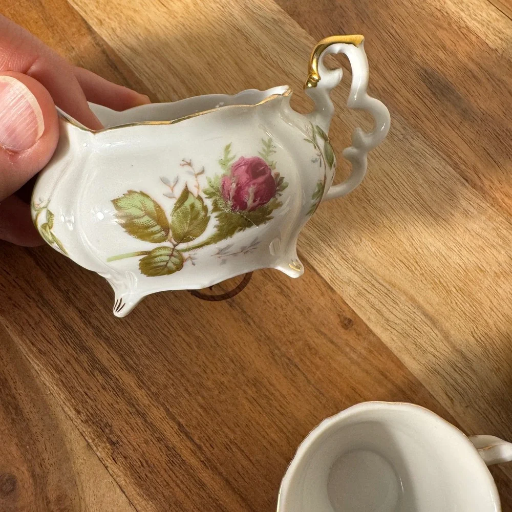 Miniature Porcelain Tea Set Creamer Teacups White Pink Gold Floral Vintage 3pc